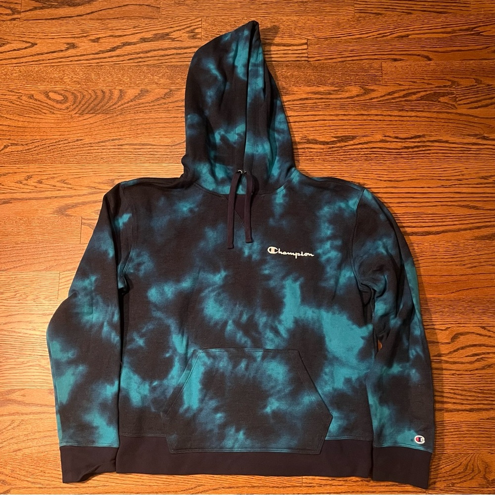 Champion Women's Blue Tie-Dye Hooded Long Sleeve Sweatshirt - Size Medium